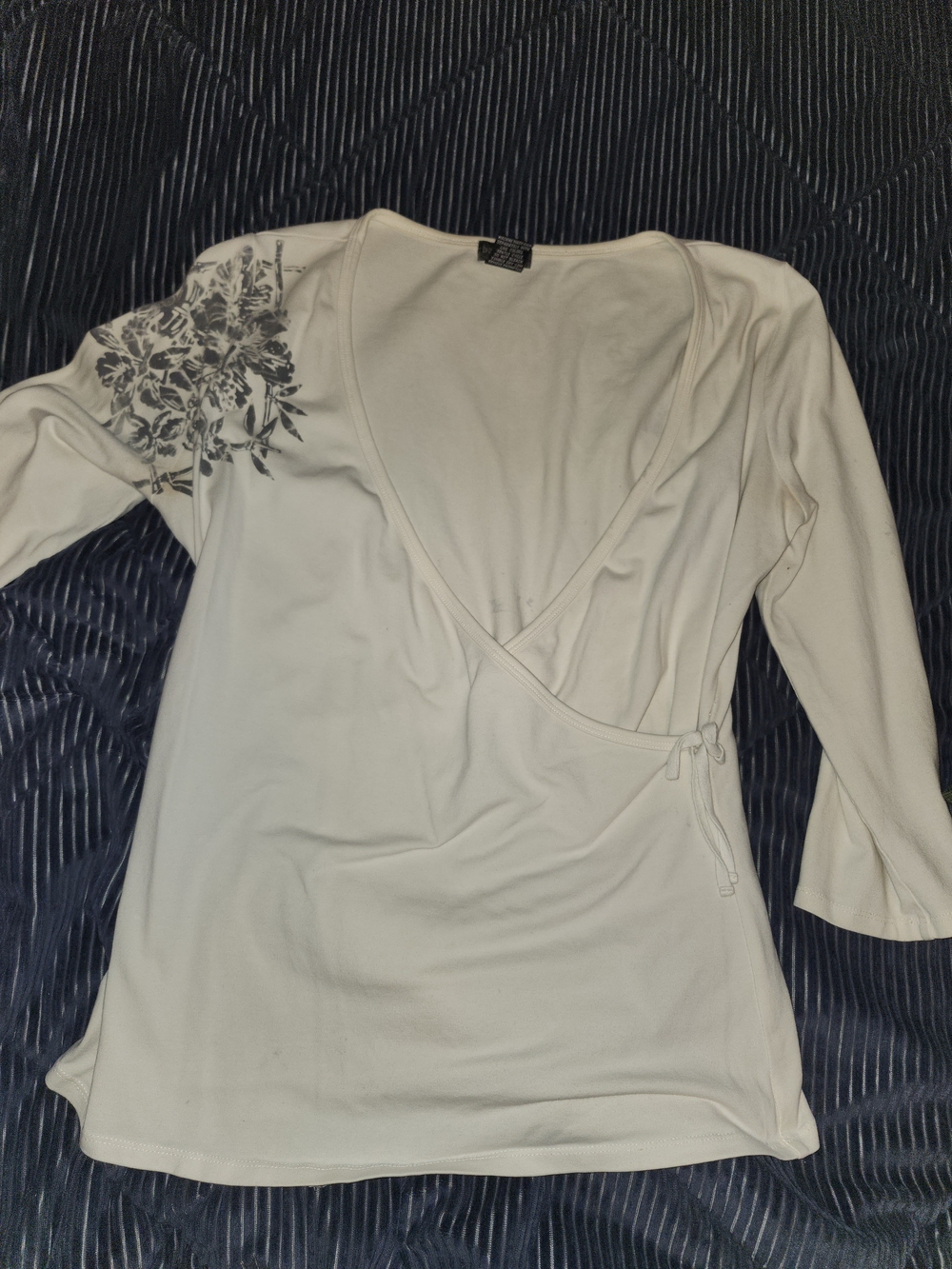 Women’s Cream Wrap Top with Gray Floral Shoulder Accent